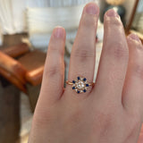 Finished: 24 Hour Auction! One-Of-A-Kind Flower Ring with Champagne Morganite and a halo of Dark Blue Sapphires and Diamonds (1.48 CT)