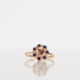 Finished: 24 Hour Auction! One-Of-A-Kind Flower Ring with Champagne Morganite and a halo of Dark Blue Sapphires and Diamonds (1.48 CT)